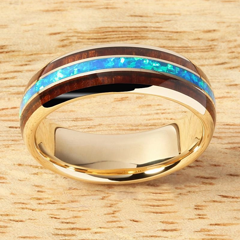 10K Yellow Gold Natural Koa Wood and Opal Triple Row Oval Wedding Ring 6mm