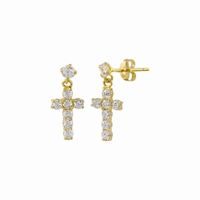 14E00033. - 14 Karat Yellow Gold Dangling Cross CZ Stud Earring