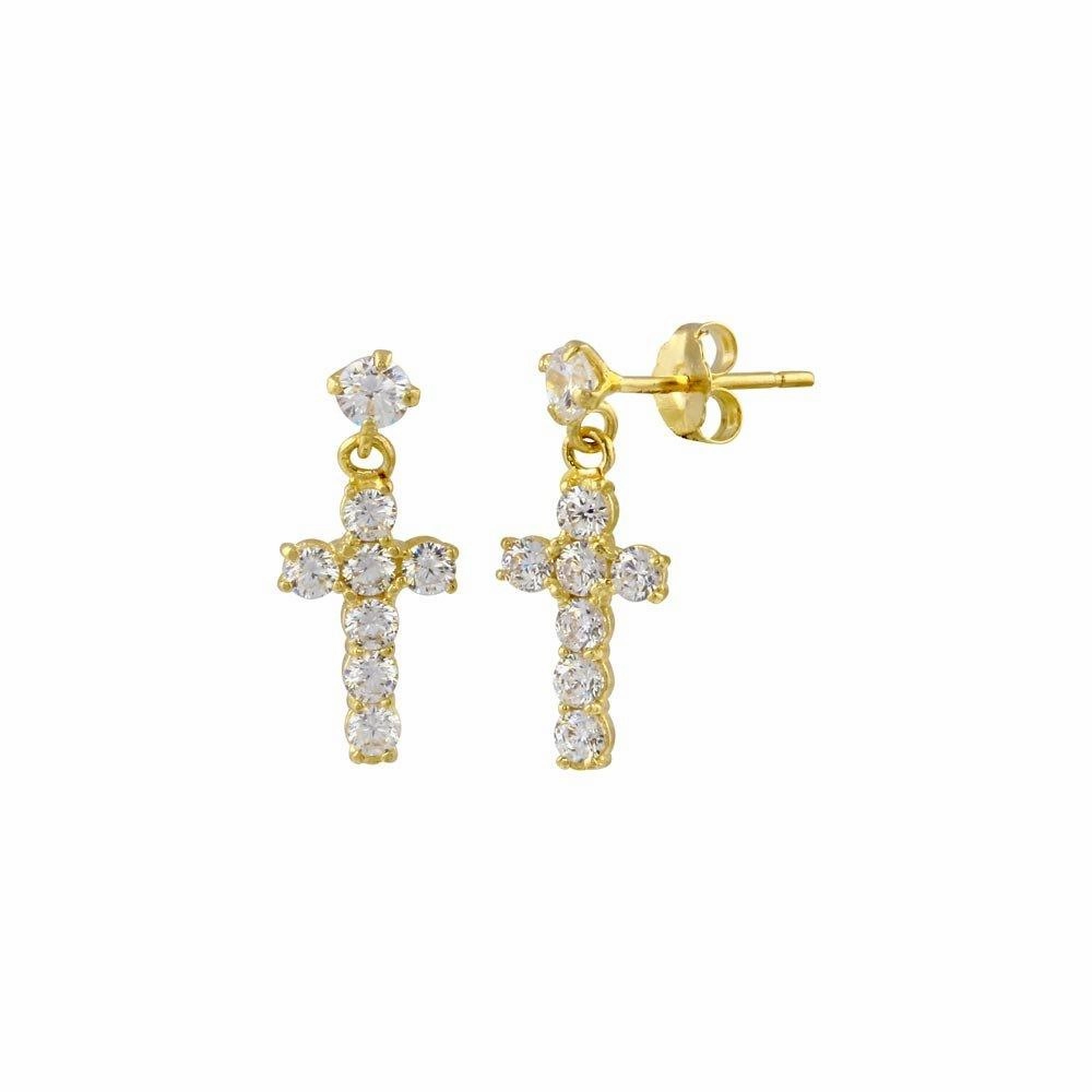 14E00033. - 14 Karat Yellow Gold Dangling Cross CZ Stud Earring