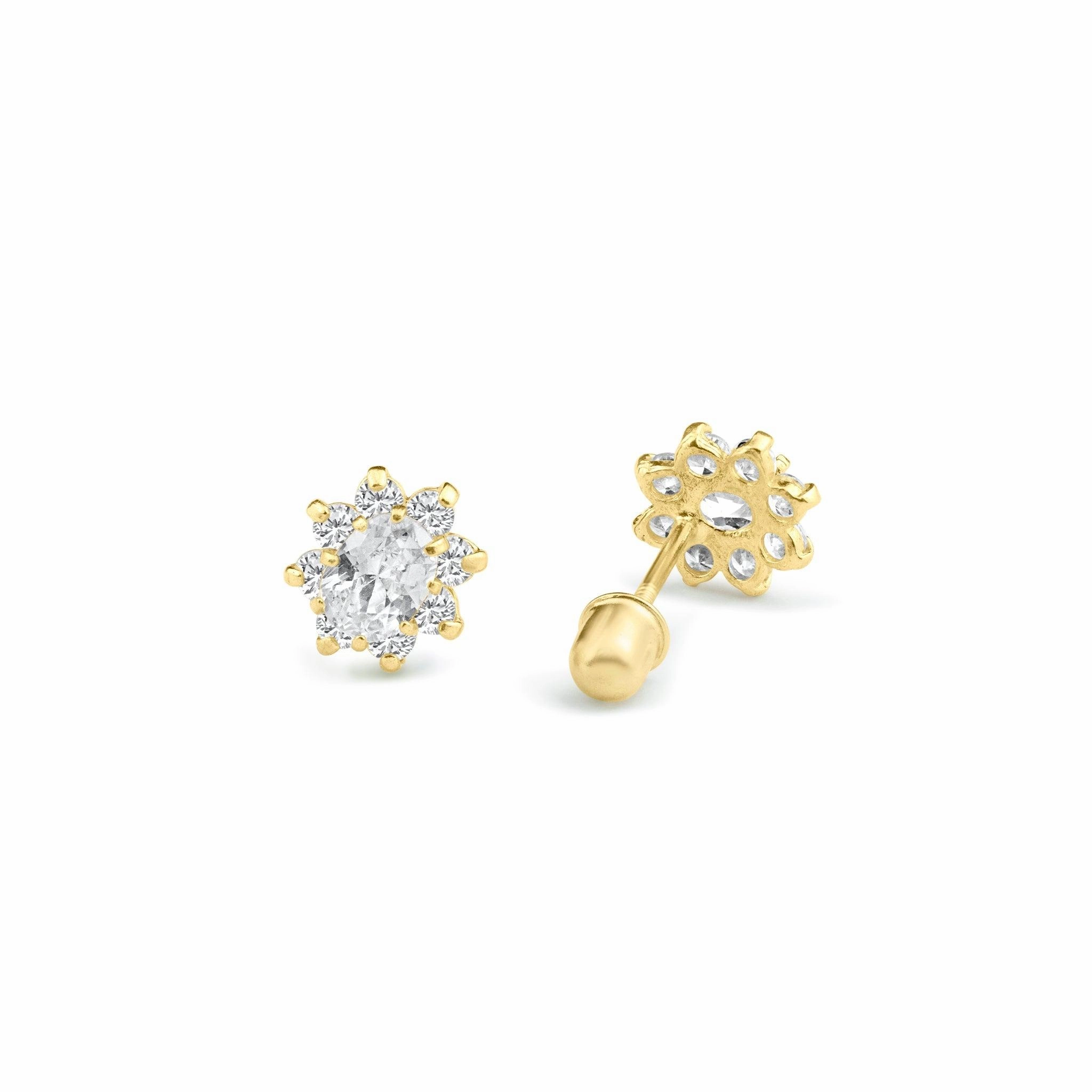 14E00093. - 14 Karat Yellow Gold Flower CZ Screw Back Stud Earring