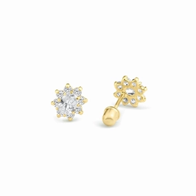 14E00093. - 14 Karat Yellow Gold Flower CZ Screw Back Stud Earring