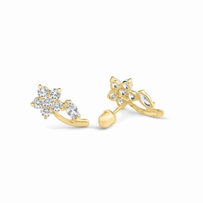 14E00098. - 14 Karat Yellow Gold Flower Leaf Clear CZ Screw Back Stud Earring