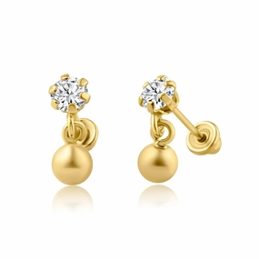 14E00169. - 14 Karat Yellow Gold Dangling Ball CZ Screw Back Earring