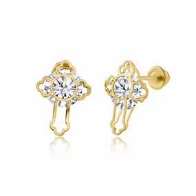 14E00196. - 14 Karat Yellow Gold Laser Cut CZ Screw Back Earring