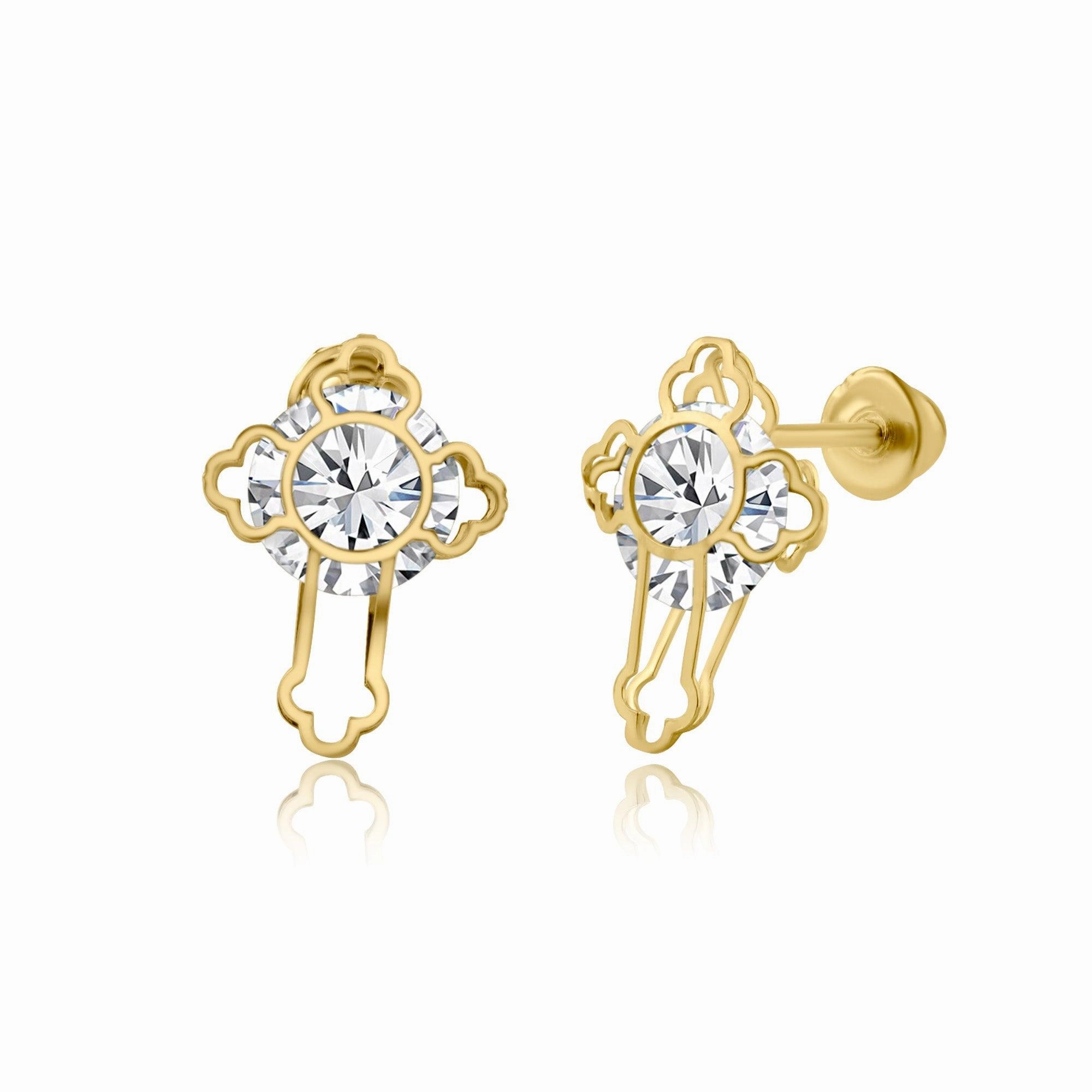 14E00196. - 14 Karat Yellow Gold Laser Cut CZ Screw Back Earring