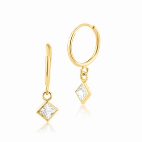 14E00218. - 14 Karat Yellow Gold CZ Huggie Hoop Dangling CZ Earring