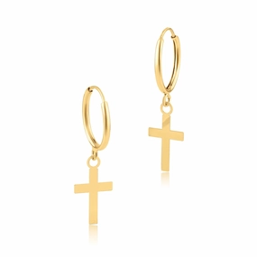 14E00227. - 14 Karat Yellow Gold Dangling Cross Huggie Earring