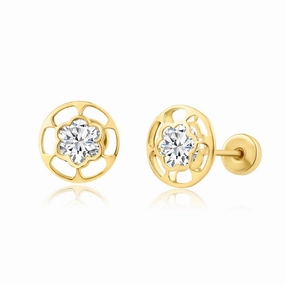 14E00230. - 14 Karat Yellow Gold CZ Flower Screw Back Earring