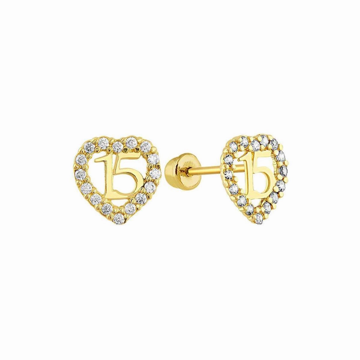 14E00317. - 14 Karat Yellow Gold Heart CZ Quinceanera Screw Back Stud Earring