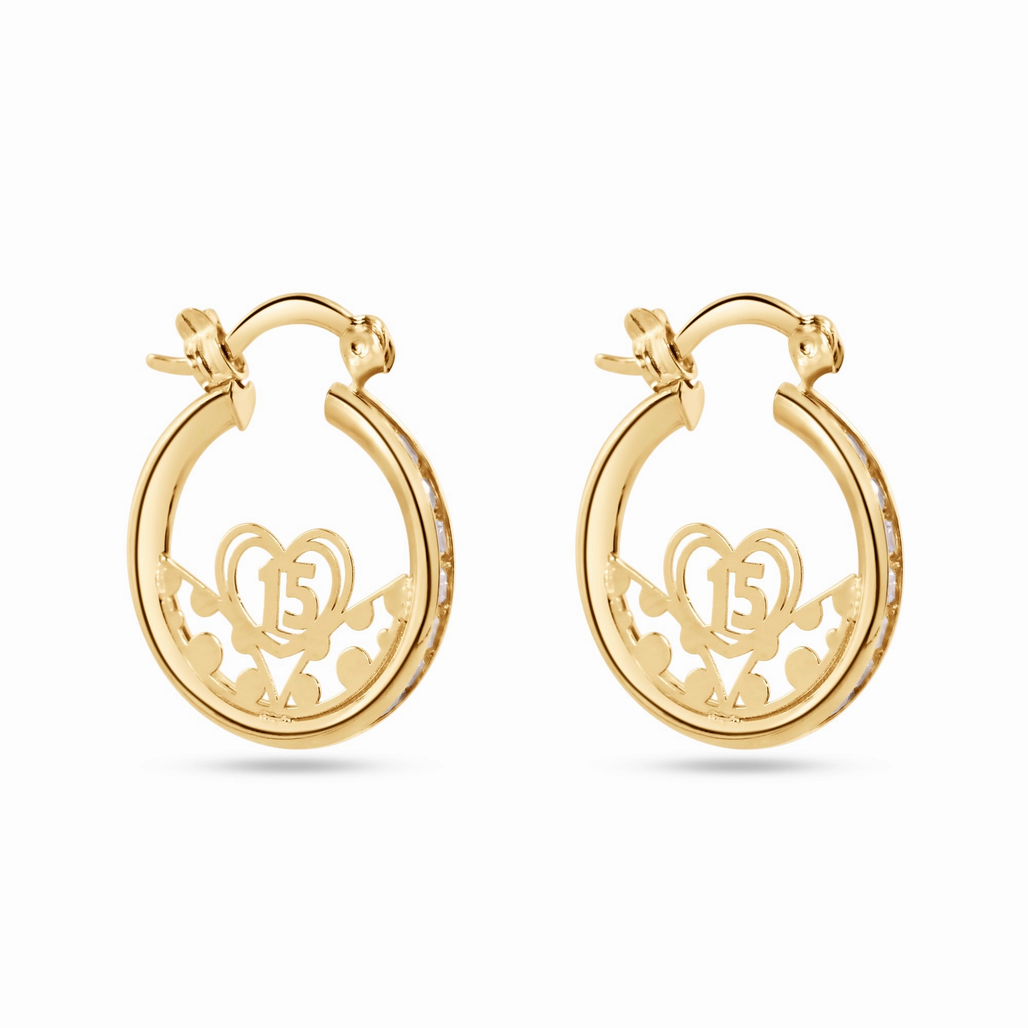 14E00416. - 14 Karat Yellow Gold 18mm Quinceaera Clear CZ Hoop Earrings