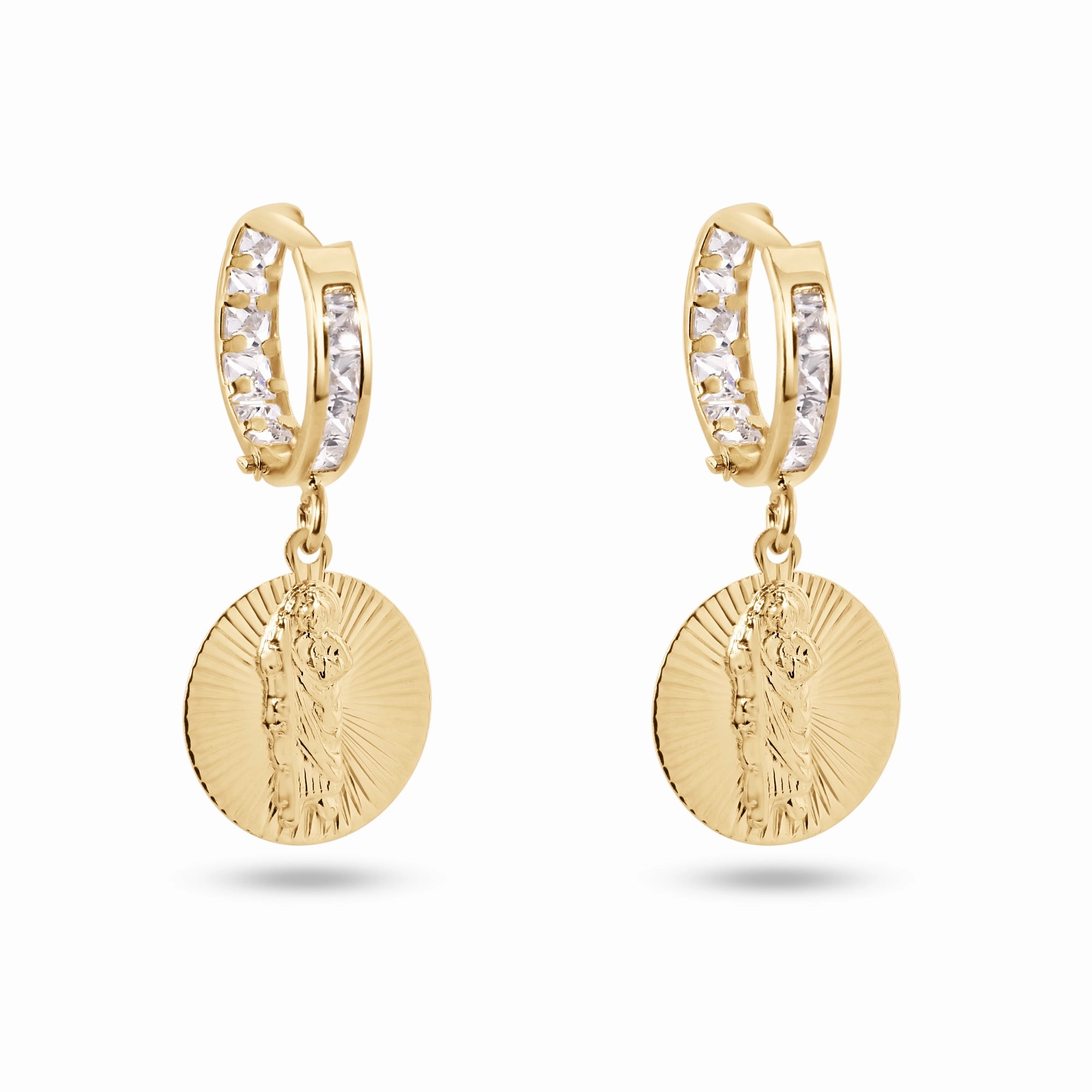 14E00420. - 14 Karat Yellow Gold Diamond Cut Dangling Saint Jude Clear CZ 12mm Hoop Earrings