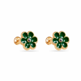 14E00447-GREEN - 14 Karat Green Flower Enamel 8.5mm Clear CZ Screw Back Earrings