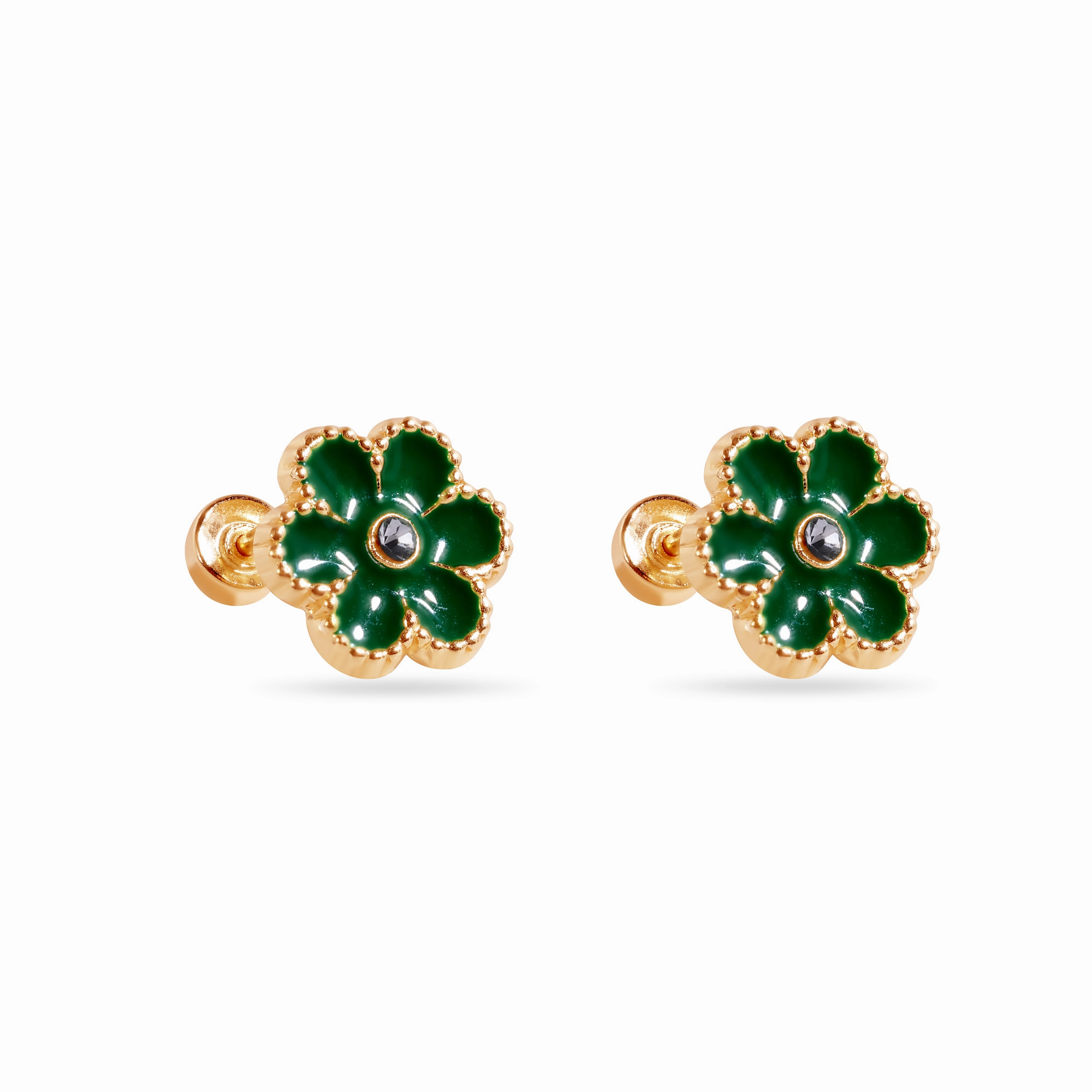 14E00447-GREEN - 14 Karat Green Flower Enamel 8.5mm Clear CZ Screw Back Earrings