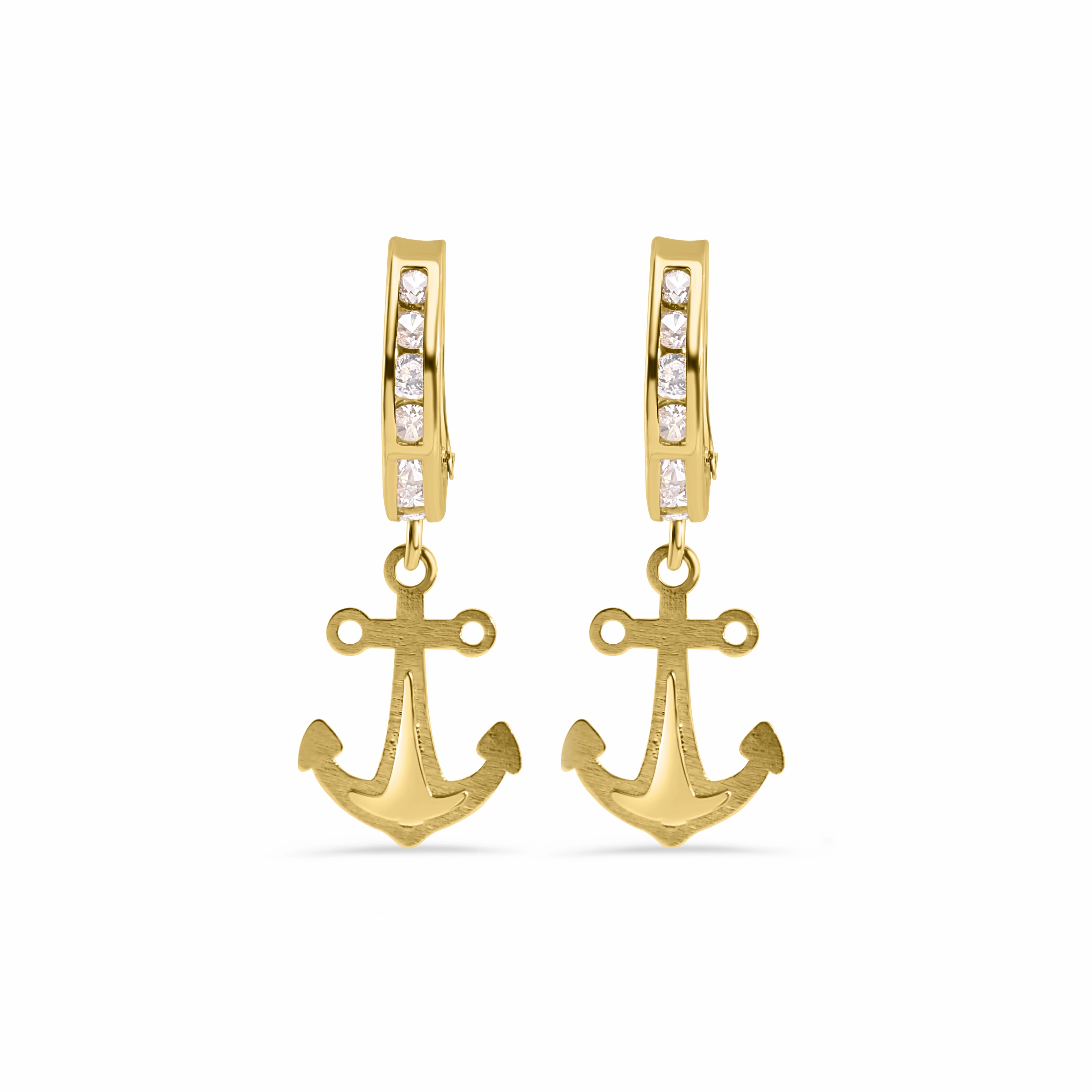 14E00451. - 14 Karat Yellow Gold 12.2mm Hoop Half Studded Clear CZ Anchor Latch Box Earrings