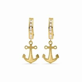 14E00451. - 14 Karat Yellow Gold 12.2mm Hoop Half Studded Clear CZ Anchor Latch Box Earrings