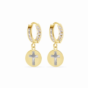 14E00454. - 14 Karat Yellow Gold 11.5mm Hoop Studded Clear CZ Diamond Cut Cross Latch Box Earrings