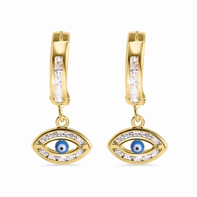 14E00457. - 14 Karat Yellow Gold 11.7mm Hoop Studded Clear CZ Evil Eye Latch Box Earrings