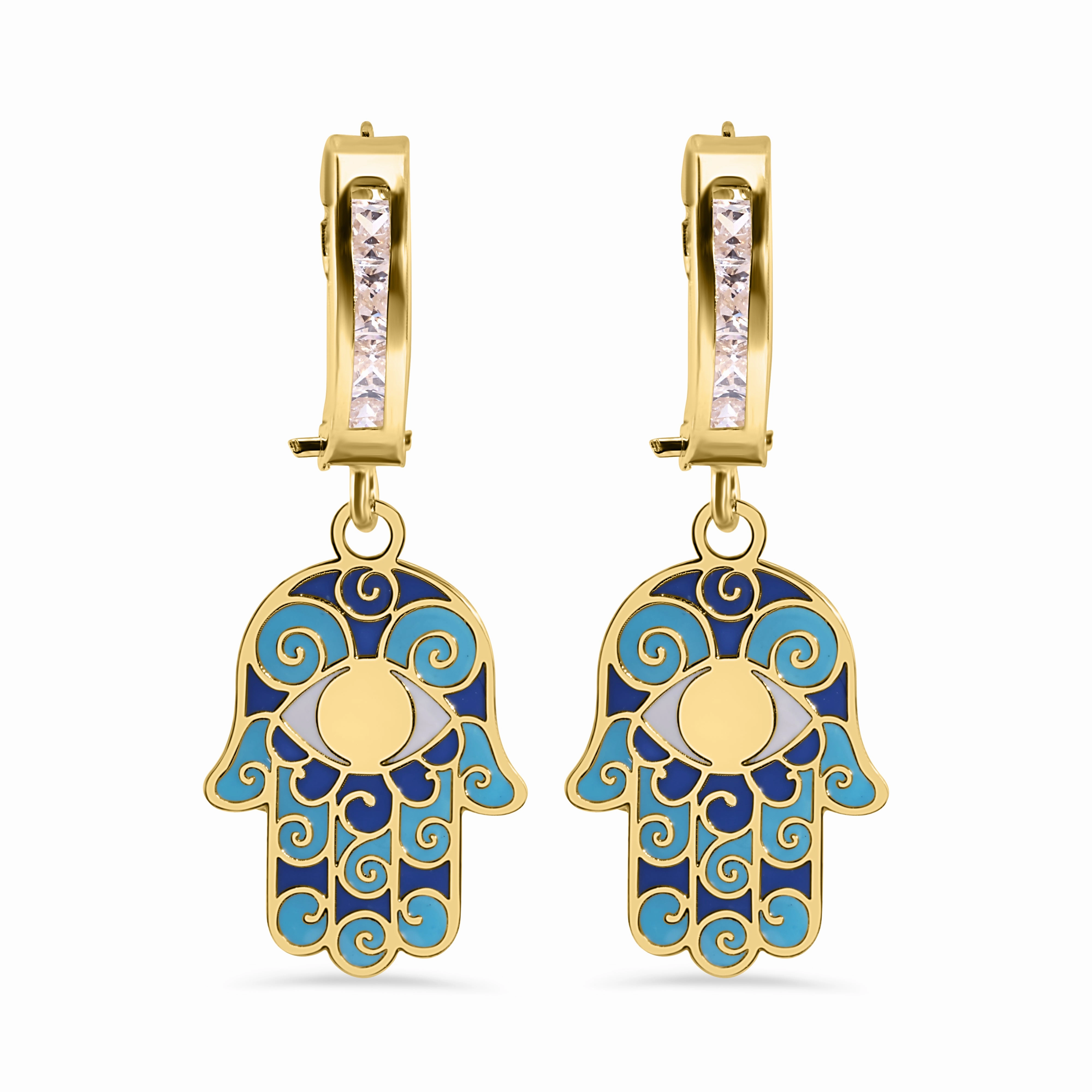 14E00459. - 14 Karat Yellow Gold 11.7mm Hoop Studded Clear CZ Enamel Hamsa Latch Box Earrings