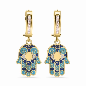 14E00459. - 14 Karat Yellow Gold 11.7mm Hoop Studded Clear CZ Enamel Hamsa Latch Box Earrings