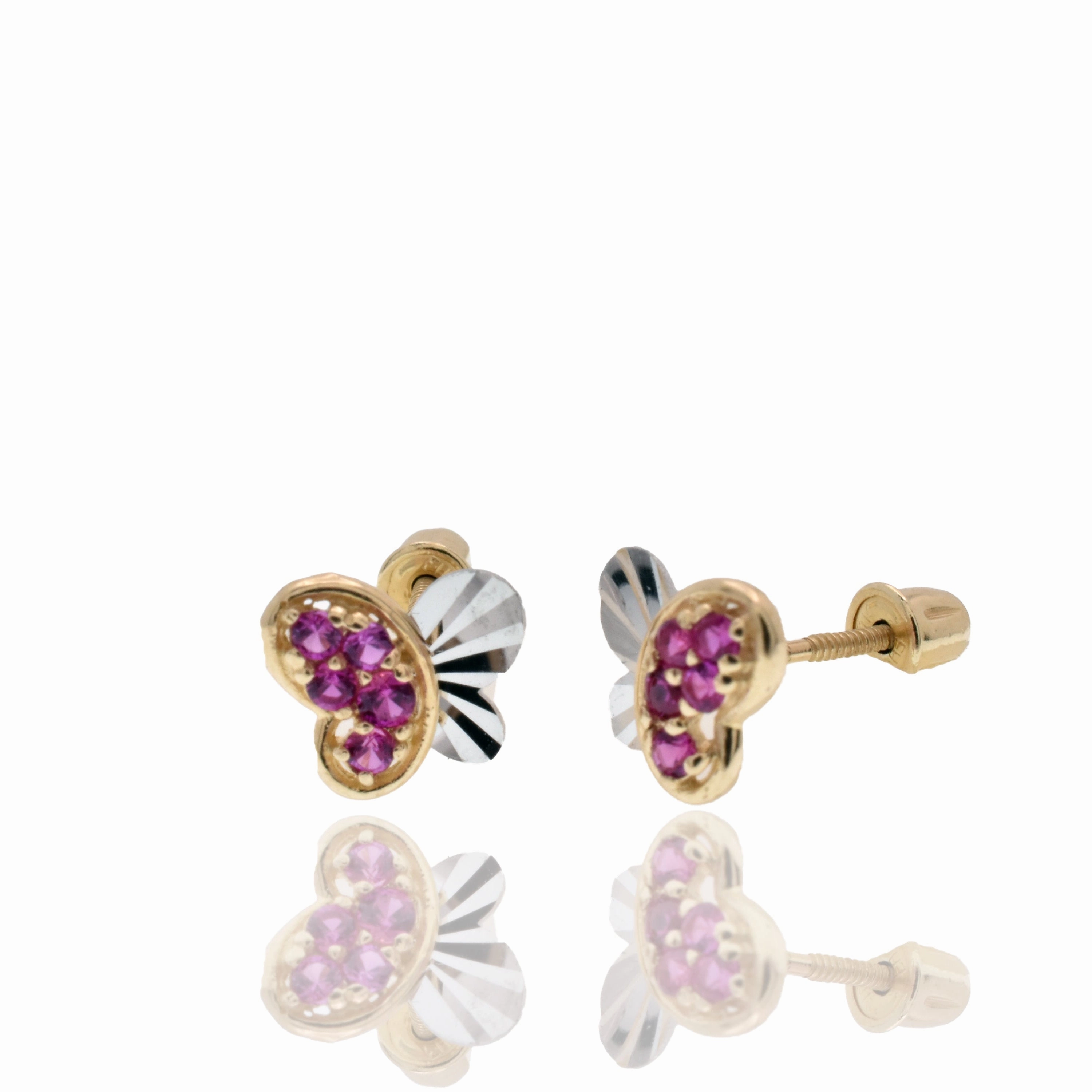 14E00464. - 14 Karat Gold Two Tone Butterfly Diamond Cut Wings Clear and Red CZ 6.9mm x 6.2mm Screw Back Earring
