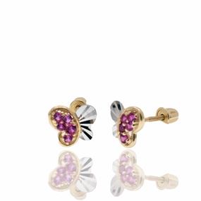 14E00464. - 14 Karat Gold Two Tone Butterfly Diamond Cut Wings Clear and Red CZ 6.9mm x 6.2mm Screw Back Earring