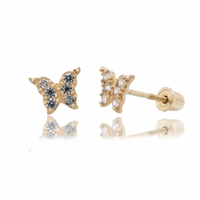 14E00465. - 14 Karat Yellow Gold Butterfly Clear CZ 5.5mm x 4.4mm Screw Back Earring