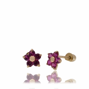 14E00466.-RED - 14 Karat Yellow Gold Flower Red CZ 4.8mm Screw Back Earring
