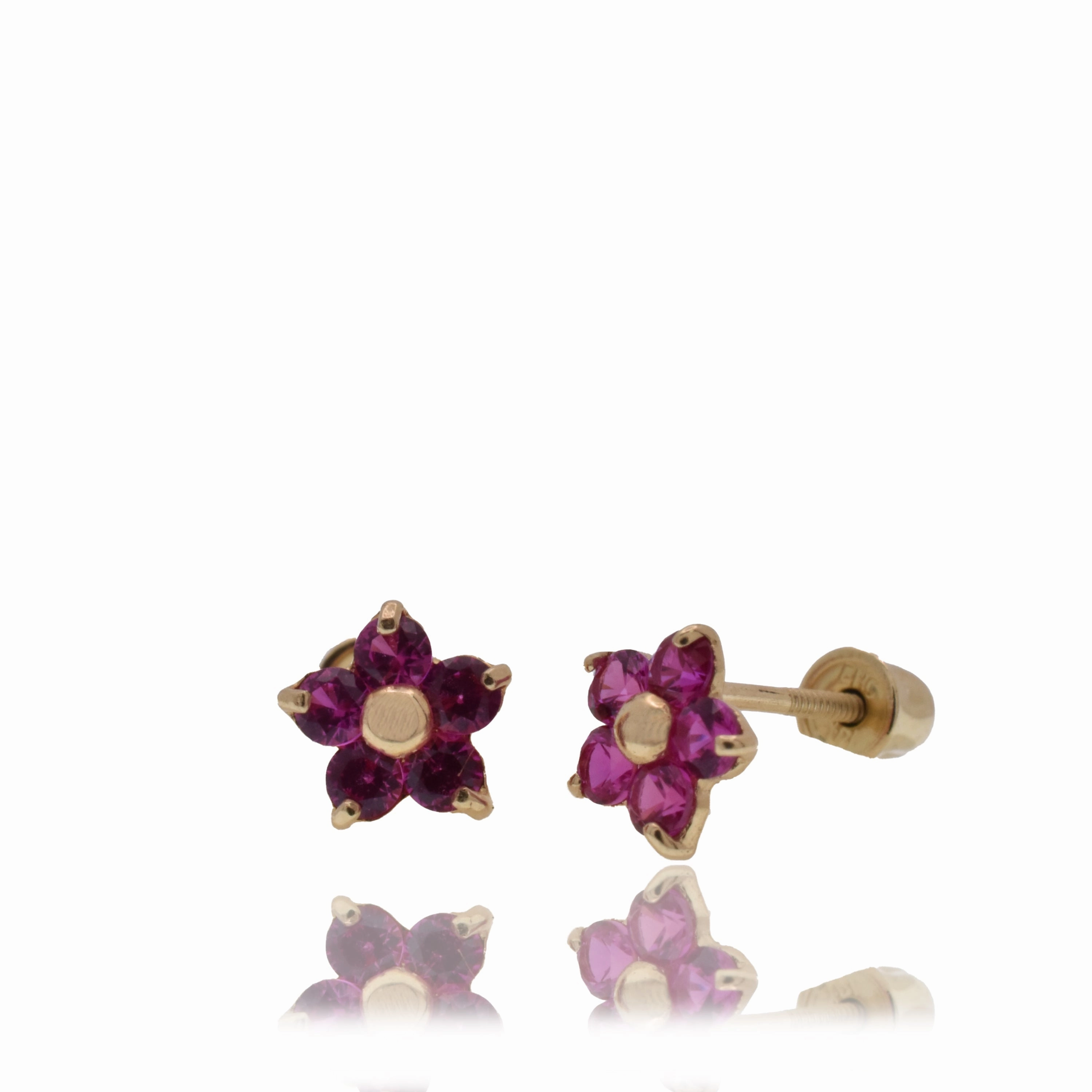 14E00466.-RED - 14 Karat Yellow Gold Flower Red CZ 4.8mm Screw Back Earring