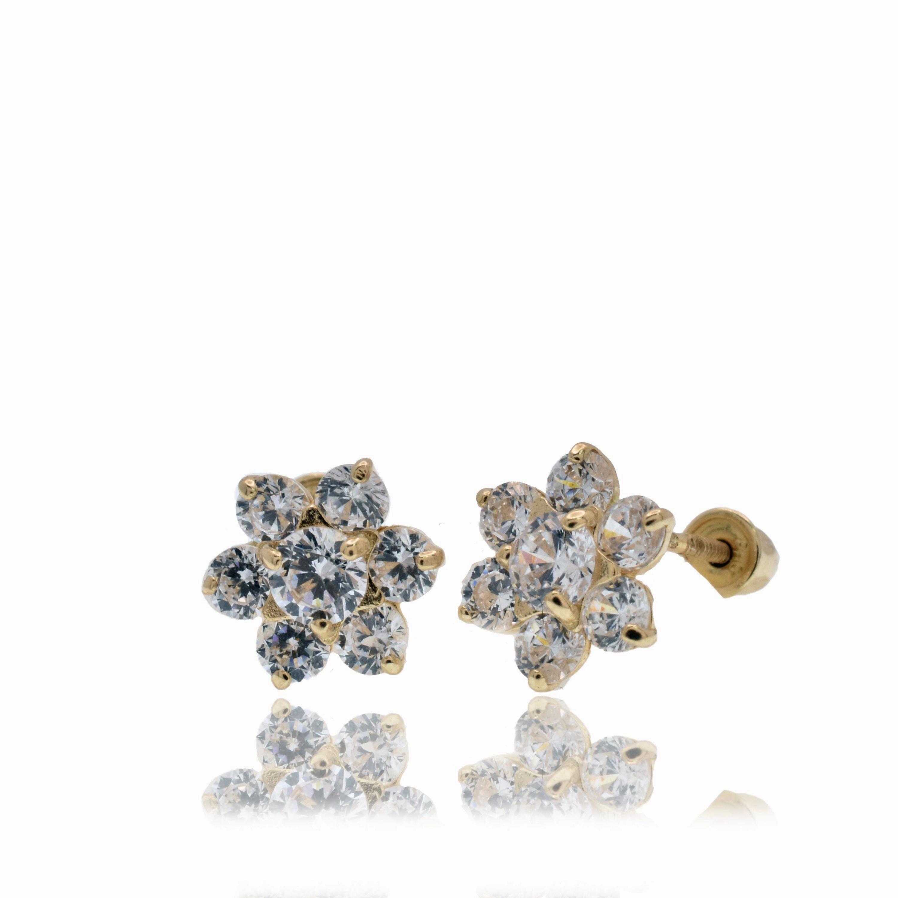 14E00467-CLR - 14 Karat Yellow Gold Flower Clear CZ 7.6mm Screw Back Earring