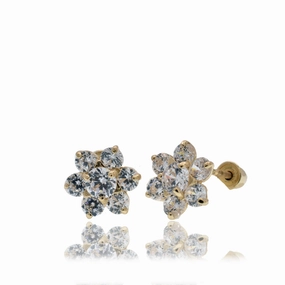 14E00467-CLR - 14 Karat Yellow Gold Flower Clear CZ 7.6mm Screw Back Earring