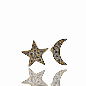 14E00471 - 14 Karat Yellow Gold 8mm Star and 4.6mm x 8.2mm Moon Clear CZ Screw Back Earring