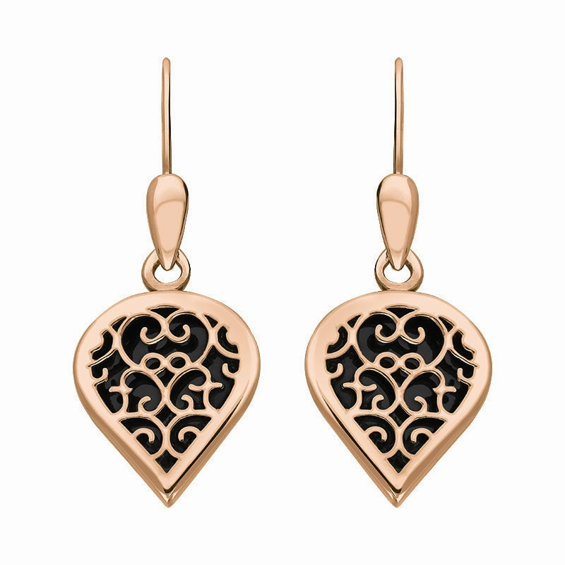 18ct Rose Gold Whitby Jet Flore Filigree Heart Drop Earrings