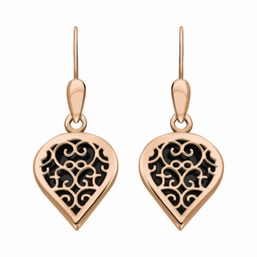 18ct Rose Gold Whitby Jet Flore Filigree Heart Drop Earrings