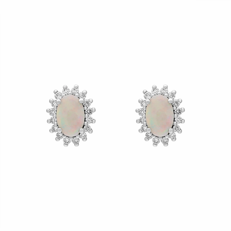 18ct White and Yellow Gold Opal Diamond Oval Cluster Stud Earrings