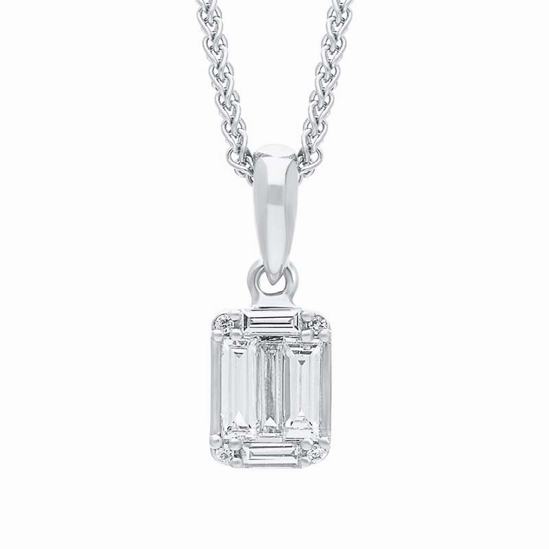 18ct White Gold 0.22ct Diamond Baguette Round Brilliant Cut Cluster Necklace