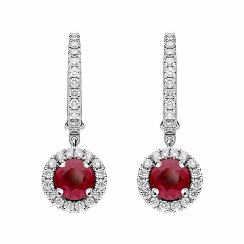18ct White Gold 0.39ct Ruby Diamond Round Drop Earrings