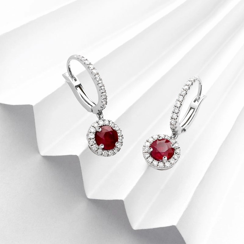18ct White Gold 0.39ct Ruby Diamond Round Drop Earrings