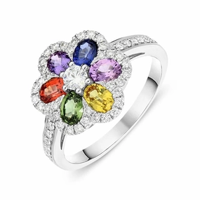 18ct White Gold 0.40ct Diamond Multi Sapphire Flower Ring