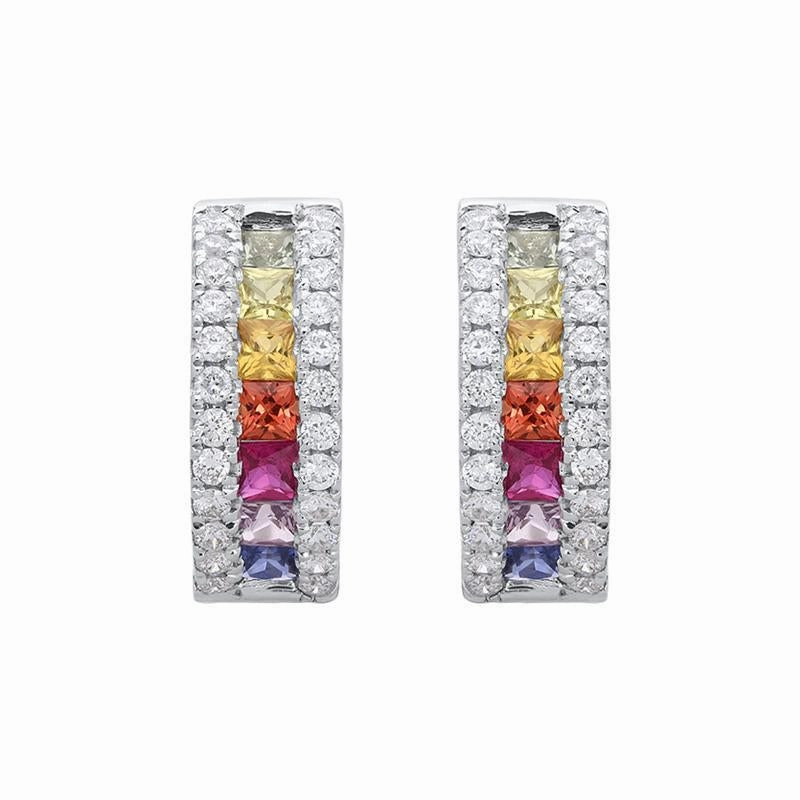 18ct White Gold 0.70ct Rainbow Sapphire Diamond Hoop Earrings