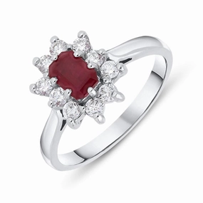 18ct White Gold 0.71ct Ruby Diamond Emerald Cut Cluster Ring