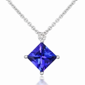 18ct White Gold 1.04ct Tanzanite Diamond Square Cut Solitaire Necklace D