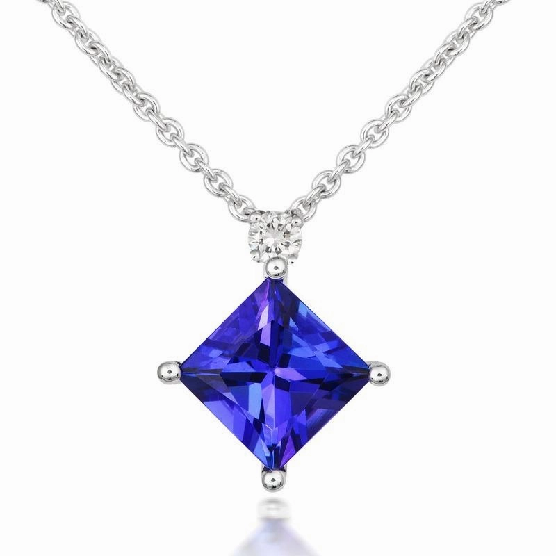 18ct White Gold 1.04ct Tanzanite Diamond Square Cut Solitaire Necklace D
