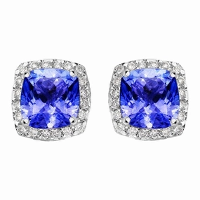 18ct White Gold 1.25ct Tanzanite Diamond Cushion Stud Earrings D