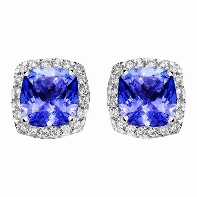 18ct White Gold 1.25ct Tanzanite Diamond Cushion Stud Earrings D