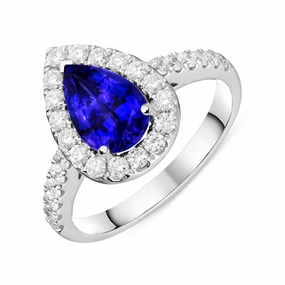 18ct White Gold 1.65ct Tanzanite 0.63ct Diamond Pear Cut Halo Ring