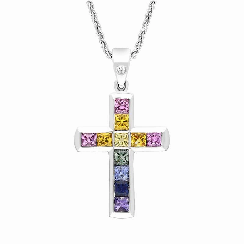 18ct White Gold 1.70ct Sapphire 0.016ct Diamond Cross Necklace