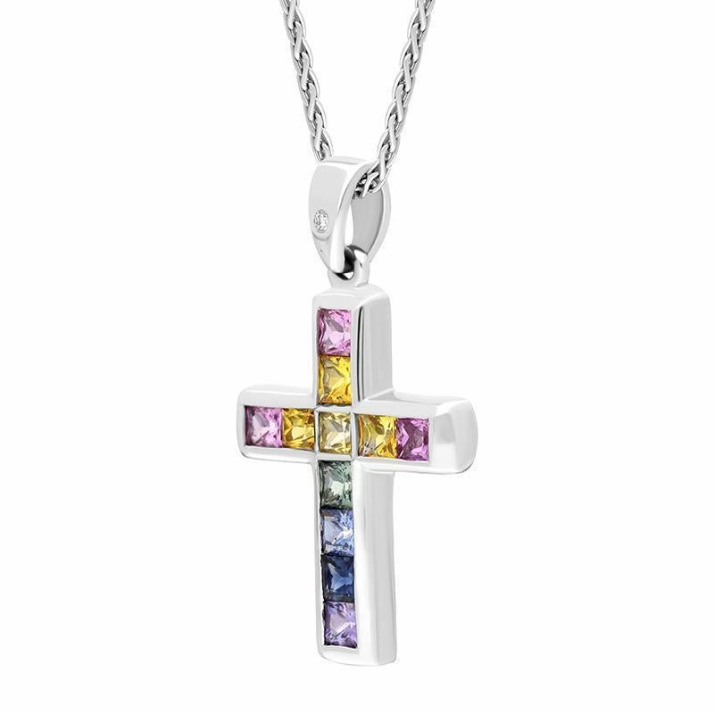 18ct White Gold 1.70ct Sapphire 0.016ct Diamond Cross Necklace