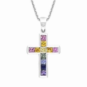 18ct White Gold 1.70ct Sapphire 0.016ct Diamond Cross Necklace