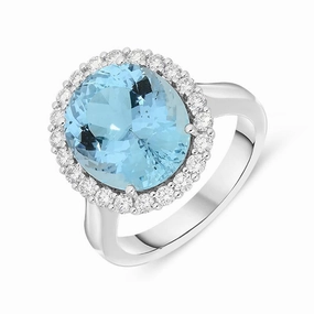 18ct White Gold 5.89ct Aquamarine Diamond Halo Ring