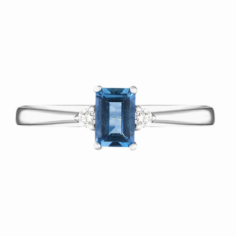 18ct White Gold Aquamarine Diamond Emerald Cut Three Stone Ring